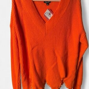 Women's Large Rachael Orange Solid V-Neck Sweater with rough hem